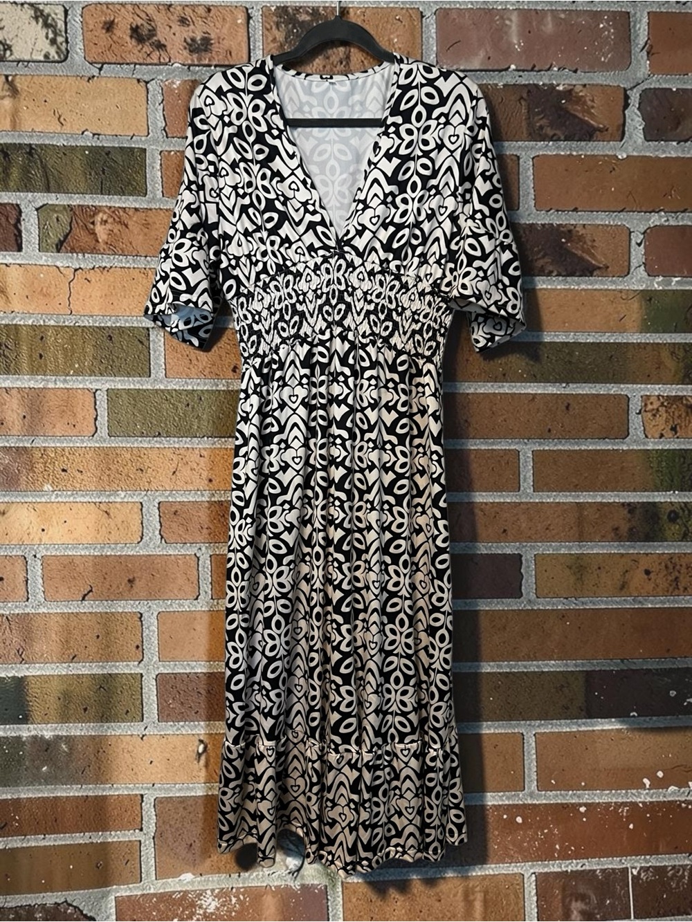 Black and Cream Printed V-Neck Midi Dress